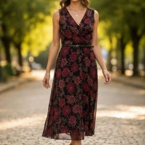 Tommy Hilfiger Burgundy and Black Floral Midi Dress